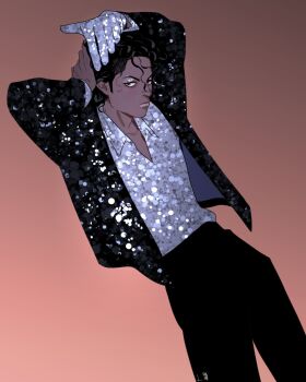 1boy arms_behind_head black_hair black_pants closed_mouth collared_shirt commentary dark-skinned_male dark_skin dutch_angle erobi_(0728) eyeshadow gloves gradient_background highres jacket looking_at_viewer makeup michael_jackson pants real_life shirt single_glove solo