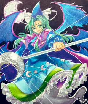 1girl blue_dress blue_hat bow bowtie cape capelet commentary_request crescent_moon crescent_print dress ghost_tail green_eyes green_hair hat holding holding_staff long_hair long_sleeves mima_(touhou) mitsu~ moon multiple_wings open_mouth print_dress purple_bow purple_bowtie purple_cape smile solo staff star_(symbol) star_print teeth touhou touhou_(pc-98) traditional_media upper_teeth_only wings wizard_hat