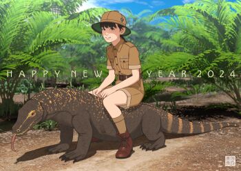 1girl 2024 absurdres brown_eyes brown_hair brown_hat brown_shoes brown_shorts brown_socks chinese_zodiac commentary_request full_moon happy_new_year hat highres jungle komodo_dragon moon nature new_year original shinchou_ni_kansuru_kousatsu shoes shorts signature sitting sitting_on_animal smile socks solo year_of_the_dragon