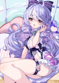 Rule 34 | 1girl, ahoge, bow, bowtie, clothing cutout, commentary request, drill hair, frilled one-piece swimsuit, frilled wrist cuffs, frills, hair bow, heart cutout, highres, long hair, multicolored hair, ntmy4332, official alternate costume, one-piece swimsuit, open mouth, pointy ears, purple bow, purple bowtie, purple hair, red eyes, sitting, smile, solo, streaked hair, swimsuit, thigh strap, two-tone one-piece swimsuit, very long hair, vivian banshee, vivian banshee (iris of the shore), white one-piece swimsuit, wrist cuffs, zenless zone zero