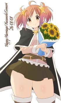 1girl ahoge belt black_cape black_capelet boots bouquet cape capelet commentary english_commentary flower hair_ornament highres himahari_neru holding holding_bouquet jacket kirara_(kirara_fantasia) kirara_fantasia kusunoki_tomori orange_hair pleated_skirt short_twintails skirt solo star_(symbol) star_hair_ornament sunflower sunflower_bouquet thighhighs thighs twintails voice_actor_connection yellow_eyes