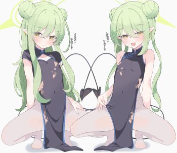 Rule 34 | 2girls, absurdres, black dress, black tail, blue archive, breasts, china dress, chinese clothes, commentary request, covered navel, demon girl, demon tail, double bun, dress, earrings, green hair, green halo, hair bun, halo, highres, hikari (blue archive), jewelry, long hair, looking at viewer, multiple girls, no shoes, nozomi (blue archive), nui (nuinui0300), open mouth, pantyhose, pelvic curtain, pointy ears, short sleeves, siblings, simple background, single earring, sisters, sleeveless, sleeveless dress, small breasts, spread legs, squatting, tail, tiptoes, translation request, twins, twintails, variant set, white background, white pantyhose, yellow eyes