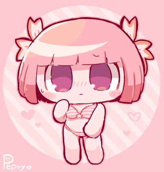 1girl alternate_costume artist_name bare_arms barefoot bikini blush chibi chibi_only closed_mouth commentary_request embarrassed flower full_body hair_flower hair_ornament hand_on_own_cheek hand_on_own_face heart pepoyo pink_eyes pink_hair short_hair solo striped_bikini striped_clothes sweatdrop swimsuit vocaloid vy1