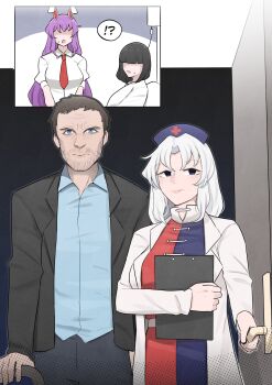 !? 1boy 3girls :o absurdres beard_stubble black_hair black_jacket black_pants blazer blue_dress blue_eyes blue_hat blue_shirt blunt_bangs clipboard coat commentary dress english_commentary facial_hair gregory_house hat highres holding holding_clipboard house_m.d. intravenous_drip jacket lab_coat long_sleeves mata_(matasoup) multiple_girls mustache_stubble necktie nurse_cap opening_door pants parted_bangs puffy_short_sleeves puffy_sleeves purple_hair rabbit_ears red_dress red_necktie reisen_udongein_inaba shirt short_hair short_sleeves stubble touhou white_coat white_hair white_shirt yagokoro_eirin