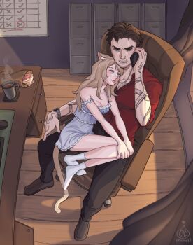 animal_ears arm_tattoo artist_logo artist_name bailey_(degrees_of_lewdity) bailey_(male)_(degrees_of_lewdity) black_pants blue_eyes brown_hair brown_shoes cabinet cat_ears cat_girl cat_tail chaob33 cup degrees_of_lewdity desk dress file_cabinet grey_dress highres indoors logo long_hair pants player_character_(degrees_of_lewdity) player_character_(female)_(degrees_of_lewdity) red_shirt shirt shoes short_hair sitting sleeveless sleeveless_dress socks tail tattoo watch white_socks wooden_floor wristwatch
