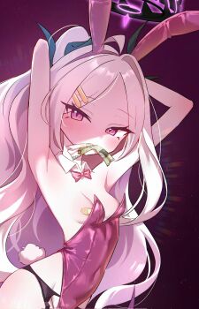 1girl ahoge animal_ears armpits black_halo blue_archive breasts breasts_day demon_girl demon_horns demon_wings good_breasts_day halo highres hina_(blue_archive) horns long_hair looking_at_viewer low_wings mata_ashita playboy_bunny purple_eyes rabbit_ears small_breasts solo very_long_hair white_hair wings