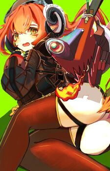 1girl 832cy ammunition ass black_hat black_horns black_jacket blush curled_horns dragon_girl dragon_horns dress fingerless_gloves fire gloves green_background green_eyes gun hair_between_eyes hat highres horns jacket long_hair looking_at_viewer lying magus_(zenless_zone_zero) mechanical_horns mechanical_tail on_side open_mouth orange_hair orange_pupils orphie_magnusson pointy_ears single_fingerless_glove tail weapon zenless_zone_zero zipper_dress