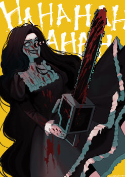 Rule 34 | 1girl, :d, absurdres, antenna hair, artist name, black dress, black hair, black lips, black pantyhose, black ribbon, blood, blood from mouth, blood on clothes, blood on face, bloody weapon, blue eyes, breasts, buttons, chainsaw, collared dress, colored skin, commentary, cowboy shot, creepypasta, curtained hair, dress, english commentary, english text, frilled dress, frilled sleeves, frills, from below, grin, highres, holding, holding chainsaw, juliet sleeves, laughing, laughing jill, long hair, long sleeves, looking at viewer, medium dress, neck ribbon, open mouth, pantyhose, pointy nose, puffy sleeves, ribbon, sharp teeth, simple background, small breasts, smile, solo, standing, striped clothes, striped pantyhose, teeth, two-tone pantyhose, unimagurooo, v-shaped eyebrows, very long hair, wavy hair, weapon, white pantyhose, white skin, yellow background