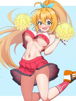 1girl absurdres bare_shoulders blue_bow blush bow breasts cheerleader green_eyes hair_bow highres holding holding_pom_poms jumping large_breasts long_hair looking_at_viewer maretto midriff navel no_bra open_mouth orange_hair panties pleated_skirt pom_pom_(cheerleading) pom_poms ponytail red_skirt red_socks skirt smile socks solo tsurumaki_maki two-tone_shirt underboob underwear very_long_hair voiceroid white_panties
