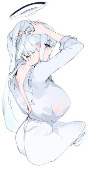 1girl absurdres adjusting_hair arms_behind_head arms_up ass back blue_archive breasts dokshuri dress frills grey_hair hair_tie hair_tie_in_mouth halo hands_in_own_hair highres holding holding_own_hair hug long_hair long_sleeves mechanical_halo mouth_hold noa_(blue_archive) noa_(pajamas)_(blue_archive) official_alternate_costume pajamas ponytail purple_eyes see-through_clothes see-through_dress tying_hair underboob white_dress white_hair white_halo white_pajamas