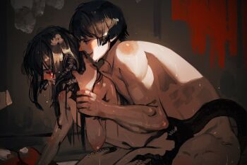 1boy 1other asahi_sas_brutus au_ra black_hair black_horns black_scales black_tail blunt_bangs bowl_cut commission commissioner_upload completely_nude final_fantasy final_fantasy_xiv flower gorimoire hair_flower hair_ornament highres holding_another&#039;s_wrist horns hyur izumi_tol_amulius long_hair nude open_mouth sex short_hair skeb_commission smile straight_hair sweat tail