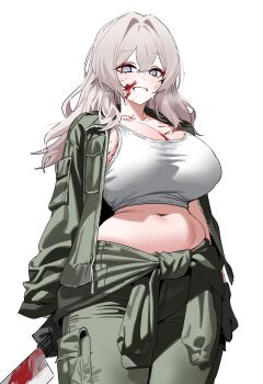 1girl absurdres black_gloves blood blood_on_breasts blood_on_face bloody_knife blue_eyes breasts bright_pupils clothes_around_waist collarbone commentary cowboy_shot crop_top crossed_bangs double-parted_bangs english_commentary gloves green_jacket green_pants grey_hair hair_between_eyes highres holding holding_knife holding_weapon jacket knife large_breasts long_hair long_sleeves looking_at_viewer midriff navel open_clothes open_jacket original pants plentyofempty simple_background smile solo sweat tank_top weapon white_background white_pupils white_tank_top