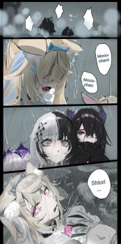 absurdres animal_ear_fluff animal_ears asymmetrical_horns black_hair blonde_hair daaku_(koizumi_arata) demon_horns dog_ears dog_girl fuwawa_abyssgard fuwawa_abyssgard_(1st_costume) grey_hair hair_ornament highres hololive hololive_english horns implied_death koseki_bijou long_hair mococo_abyssgard mococo_abyssgard_(1st_costume) multicolored_hair multiple_girls nerissa_ravencroft outdoors pink_hair puddle rain shiori_novella split-color_hair tears two-tone_hair uneven_horns very_long_hair virtual_youtuber wet wet_clothes wet_hair x_hair_ornament yellow_eyes