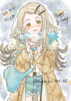 Rule 34 | aqua scarf, blonde hair, blush, character name, coat, colored eyelashes, commentary request, cowboy shot, dated, denim, denim shorts, food, fur-trimmed coat, fur trim, gakuen idolmaster, happy birthday, highres, holding, holding food, idolmaster, looking at viewer, natsuka (pwkf8487), orange eyes, rope belt, scarf, shinosawa hiro, shorts, smile, snowflake background, steam, steamed bun, translation request, twitter username, yellow coat