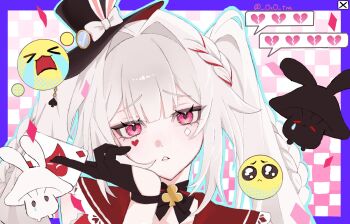 1girl artist_name between_fingers black_choker black_gloves black_hat blue_border blue_outline border braid broken_heart card card_between_fingers center-flap_bangs checkered_background choker creature crying_emoji diamond_(shape) diamond_facial_mark emoji facial_mark furrowed_brow gloves hair_intakes hand_up hat heart heart_facial_mark highres holding holding_card honkai:_star_rail honkai_(series) long_hair looking_at_viewer mini_hat mini_top_hat multicolored_hair outline oxo_tya parted_lips pink_eyes pleading_face_emoji portrait red_shirt red_streaks shirt solo spade_(shape) sparkle_(honkai:_star_rail) sparxie_(honkai:_star_rail) streaked_hair teeth top_hat twintails white_hair