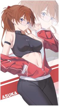1girl absurdres adjusting_eyewear black_pants blue_eyes breasts brown_hair character_name crop_top earrings hand_in_pocket hand_on_eyewear highres jacket jacket_partially_removed jewelry long_hair midriff navel neon_genesis_evangelion pants red_jacket souryuu_asuka_langley white_background xiangzuo_zhi zoom_layer