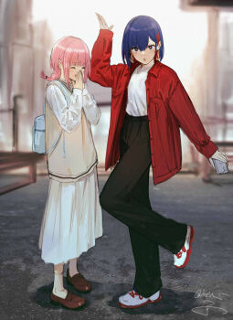 2girls arm_up backpack bag black_pants blue_eyes blue_hair blunt_bangs braid brown_sweater_vest casual cellphone closed_eyes colored_inner_hair commentary covering_own_mouth day dress earrings hair_behind_ear highres holding holding_phone isshiki_(ffmania7) jacket jewelry kaf_(kamitsubaki_studio) kamitsubaki_studio laughing light_blush loafers long_sleeves looking_at_viewer making_faces medium_hair multicolored_eyes multicolored_hair multiple_girls necklace open_clothes open_jacket open_mouth outdoors own_hands_together pants phone pink_hair red_eyes red_hair red_jacket rim_(kamitsubaki_studio) shirt shirt_tucked_in shoes short_hair shoulder_strap signature smartphone smile sneakers socks standing standing_on_one_leg sweater_vest symbol-only_commentary triangle_earrings virtual_youtuber white_dress white_shirt white_socks yellow_pupils