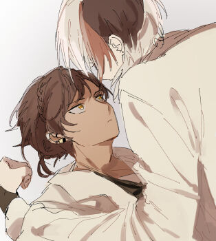 Rule 34 | 2boys, arknights, black hair, braid, brown hair, closed mouth, coat, commentary request, dark-skinned male, dark skin, elysium (arknights), grey background, highres, jewelry, long sleeves, looking at another, lying, male focus, marumarukin, multicolored hair, multiple boys, on back, red hair, shirt, short hair, simple background, streaked hair, thorns (arknights), upper body, white background, white coat, white hair, yaoi, yellow eyes