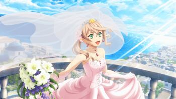 Rule 34 | 1girl, alisha diphda, alisha diphda (bride), artist request, balcony, blonde hair, blue flower, bouquet, breasts, bridal veil, bride, cloud, collarbone, cowboy shot, day, dress, earrings, elbow gloves, flower, game cg, gloves, green eyes, hair between eyes, hair flower, hair ornament, highres, holding, holding bouquet, jewelry, long hair, looking at viewer, medium breasts, necklace, ocean, official alternate costume, official art, open mouth, outdoors, pendant, pink dress, pink flower, red pendant, side ponytail, smile, solo, strapless, strapless dress, tales of (series), tales of crestoria, tales of zestiria, third-party source, tiara, town, veil, wedding dress, white dress, white flower, white gloves