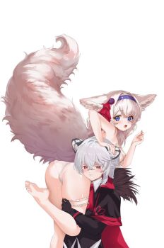 1boy 1girl animal_ears ass barefoot black_coat blue_eyes blue_hairband blush breasts carrying carrying_person closed_mouth coat commentary commission crossed_bangs english_commentary feet fox_ears fox_girl fox_tail hair_between_eyes hairband highres idolmikii large_tail long_hair looking_at_viewer medium_breasts open_mouth original panties red_eyes short_hair simple_background tail toes underwear white_background white_hair white_panties