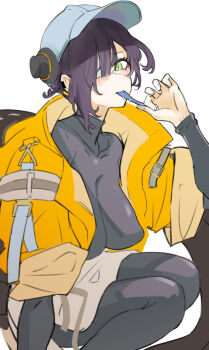 1girl arknights asbestos_(arknights) baseball_cap black_bodysuit black_hair blue_tongue blush bodysuit breasts colored_tongue ear_cuffs eyepatch green_eyes hair_over_one_eye hat headphones highres hjl_(15623862639) jacket large_breasts lizard_tail looking_at_viewer pulling_tongue saliva sharp_teeth short_hair simple_background solo tail teeth white_background yellow_jacket