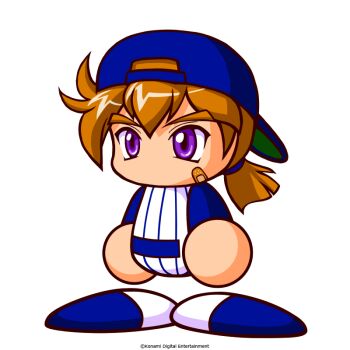Rule 34 | 1boy, artist request, bandaid, bandaid on cheek, bandaid on face, baseball cap, baseball uniform, blue hat, blue shirt, blue shoes, brown hair, commentary request, hat, ikari susumu, jikkyou powerful pro yakyuu, jikkyou powerful pro yakyuu (style), low ponytail, multicolored shirt, multicolored shoes, no mouth, official art, ponytail, power pro appli, purple eyes, rayman limbs, shirt, shoes, solo, sportswear, striped clothes, striped shirt, thick eyebrows, two-tone shoes, vertical-striped clothes, vertical-striped shirt, white shirt, white shoes