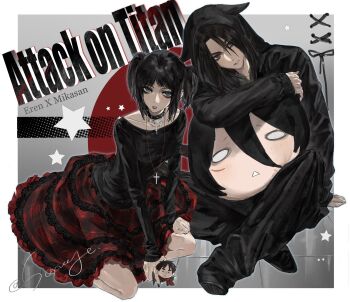 1boy 1girl animal_ear_hood black_hair black_jacket black_pants black_shirt border breasts character_doll character_name character_pillow copyright_name couple cross cross_necklace doll eren_yeager facial_scar fake_animal_ears full_body grey_background hair_between_eyes hetero highres hood hood_up hooded_jacket indian_style jacket jewelry kneeling laicuihu666 long_skirt medium_breasts mikasa_ackerman multiple_necklaces necklace official_alternate_costume official_alternate_hairstyle pants parted_lips plaid_clothes plaid_skirt red_skirt scar scar_on_cheek scar_on_face shingeki_no_kyojin shirt short_twintails sitting skirt studded_choker twintails twitter_username white_border