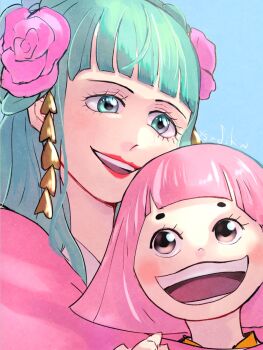 2girls aqua_eyes blue_background blunt_bangs blush commentary eyelashes flower hair_flower hair_ornament highres hug japanese_clothes kimono kouzuki_hiyori long_hair multiple_girls one_piece open_mouth pink_flower pink_hair pink_kimono red_lips short_eyebrows simple_background toko_(one_piece) ysnfjkw