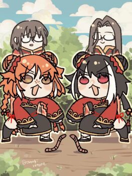 2boys 2girls animated animated_gif black_dress black_hair braid brown_hair cloud commentary_request day double_bun dress earthworm fighting freckles frilled_sleeves frills hair_bun ishmael_(project_moon) isurugiratone jia_xichun_(project_moon) limbus_company long_hair long_sleeves multicolored_hair multiple_boys multiple_girls open_mouth orange_hair outdoors pointing project_moon red_eyes red_shrug shrug_(clothing) sidelocks signature standing streaked_hair twin_braids wei_(project_moon) worm yellow_eyes yi_sang_(project_moon)