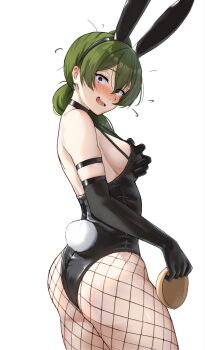 1girl @_@ alternate_costume animal_ear_hairband animal_ears arm_strap black_choker black_gloves black_hairband black_leotard blush breasts choker commentary_request elbow_gloves fake_animal_ears fake_tail fishnet_pantyhose fishnets flustered gloves grabbing_own_breast green_hair hairband highres large_breasts leotard long_hair looking_at_viewer nose_blush pantyhose playboy_bunny rabbit_ears rabbit_tail side_ponytail sideboob solo sousou_no_frieren standing tail ubel_(sousou_no_frieren) wide-eyed yami_anko