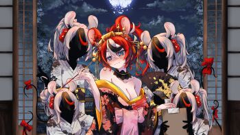 5girls :3 absurdres alternate_costume animal_ear_fluff animal_ears bare_shoulders black_hair bow breasts broken_moon choker cleavage clipboard cloud collar commentary double-parted_bangs faceless floral_print floral_print_kimono flower folding_fan gold_trim hair_between_eyes hair_flower hair_ornament hair_stick hairpin hakos_baelz hand_fan highres holding holding_clipboard holding_smoking_pipe hololive hololive_english japanese_clothes kimono kiseru moon mouse_ears mouse_tail multicolored_hair multiple_girls night obi ponytail print_kimono red_hair sash shaded_face shouji sky sliding_doors smile smoking_pipe standing tail tail_bow tail_ornament tree virtual_youtuber vo_(sheerra212) white_hair