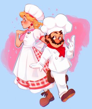 1boy 1girl back-to-back blonde_hair blue_eyes breasts brooch brown_hair dress earrings facial_hair food full_body gloves hat highres image_sample jewelry looking_at_another mario mario_(series) mustache nintendo noodles princess_peach princess_peach:_showtime! resolution_mismatch scarf source_larger twintails yoshi's_cookies