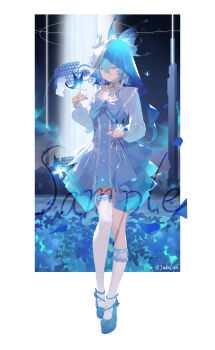 1girl absurdres alternate_costume asymmetrical_legwear blue_bow blue_butterfly blue_dress blue_eyes blue_hair blue_shoes blue_veil bow bug butterfly butterfly_on_hand closed_mouth commentary_request dress full_body hair_between_eyes hand_up highres insect long_hair partial_commentary shoes shorekeeper_(wuthering_waves) solo standing sukaliya twitter_username two-tone_veil uneven_legwear veil white_veil wuthering_waves