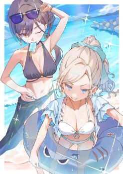 &gt;:) 2girls absurdres armpits bare_shoulders beach bikini black_hair blue_eyes blue_jacket blue_ribbon breasts ceras_yanagida_lilienfeld ceras_yanagida_lilienfeld_(swimsuit) cleavage closed_mouth collarbone commentary dutch_angle edel_note eyewear_on_head feet_out_of_frame fisheye front-tie_bikini_top front-tie_top glint grey_hair hair_bun hair_ribbon high_ponytail highres innertube jacket jacket_over_swimsuit katsuragi_izumi katsuragi_izumi_(swimsuit) large_breasts link!_like!_love_live! long_hair love_live! medium_breasts multi-strapped_bikini_top multiple_girls navel o-ring o-ring_bikini o-ring_bottom o-ring_top official_alternate_hairstyle open_clothes open_jacket outdoors ponytail ribbon short-sleeved_jacket short_sleeves side_ponytail single_side_bun smile split_mouth standing stomach sunglasses sunkeun swim_ring swimsuit v-shaped_eyebrows v-shaped_eyes virtual_youtuber white_bikini