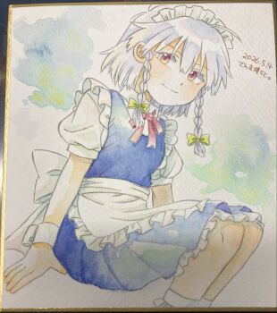 1girl apron blue_dress bow bowtie braid closed_mouth commentary_request dress green_bow grey_hair hair_bow highres hijiki_(hijiri_st) izayoi_sakuya long_hair looking_at_viewer maid maid_headdress photo_(medium) puffy_short_sleeves puffy_sleeves red_bow red_bowtie red_eyes shikishi short_sleeves smile solo touhou traditional_media twin_braids waist_apron white_apron wrist_cuffs