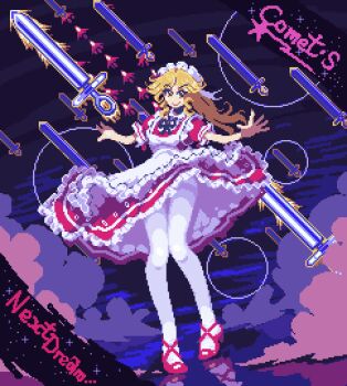 1girl apron artist_name blonde_hair bow comet_summoner98 dress english_text floating floating_object floating_sword floating_weapon frills maid maid_headdress medium_hair multiple_swords pantyhose pixel_art puffy_sleeves red_dress red_shoes ribbon shoes short_sleeves smile solo sword touhou touhou_(pc-98) weapon white_pantyhose yellow_eyes yumeko_(touhou)