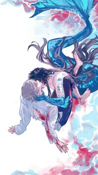 2boys alternate_form barefoot black_hair black_pants blood blood_on_clothes blood_on_hands blood_on_neck blood_sucking caelus_(honkai:_star_rail) closed_eyes closed_mouth clothed_male_nude_male dan_heng_(honkai:_star_rail) fins fish_boy fish_tail grey_hair hand_on_another's_face highres honkai:_star_rail honkai_(series) long_hair multiple_boys nude open_mouth pants pointy_ears qkbatsqfbzrdpsp shirt short_hair sitting tail trailblazer_(honkai:_star_rail) very_long_hair white_shirt yaoi