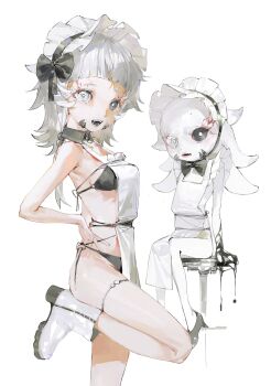2girls apron arm_at_side baifeidaiwang bare_shoulders black_bow black_bowtie black_bra black_eyes black_footwear black_panties black_sclera blood bloody_tears blunt_bangs boots bow bowtie bra breasts bright_pupils colored_sclera colored_skin cowboy_shot dripping fangs female_focus flat_chest forehead frilled_apron frilled_hairband frills from_side grey_hair hair_bow hairband hand_on_own_hip hand_under_clothes happy heterochromia highres leg_up legs liquid loli long_hair maid_apron monster_girl multiple_girls on_stool open_mouth original panties shoes side-tie_panties sidelocks simple_background small_breasts smile standing standing_on_one_leg teeth thigh_strap thighs traditional_bowtie underwear white_apron white_background white_eyes white_footwear white_pupils white_skin