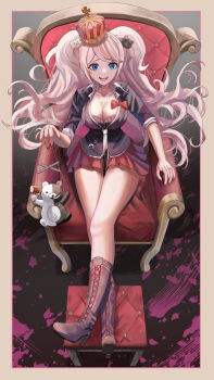 1girl absurdres badge bear_hair_ornament black_boots blue_eyes boots bow bra bra_peek breasts button_badge chair choker cleavage crown danganronpa:_trigger_happy_havoc danganronpa_(series) enoshima_junko full_body gyaru hair_ornament hammer highres large_breasts legs long_hair looking_at_viewer miniskirt monokuma nail_polish necktie ottoman_(furniture) pink_hair puppet puppet_strings red_bow red_nails red_skirt shoelaces silvertsuki sitting skirt smile solo stuffed_toy teeth thighs throne twintails underwear upper_teeth_only very_long_hair wavy_hair