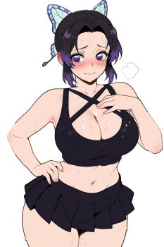 1girl bare_shoulders blush breasts collarbone highres kawaii_arts kimetsu_no_yaiba kochou_shinobu navel purple_eyes purple_hair simple_background solo standing stomach thighs