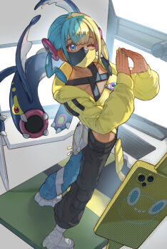1girl aqua_hair aqua_nails bandeau black_mask black_pants blonde_hair blue_eyes blue_pants canari_(pokemon) commentary_request computer_keyboard dark-skinned_female dark_skin eelektross fingernails gen_4_pokemon gen_5_pokemon heart heart_hands highres long_sleeves looking_at_viewer monitor multicolored_hair multicolored_nails nail_polish nintendo one_eye_closed pants pokemon pokemon_(creature) pokemon_legends:_z-a rotom rotom_phone shoes standing twintails two-tone_mask two-tone_pants ve_0ekaki white_shoes yellow_bandeau yellow_mask yellow_nails