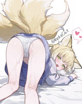1girl all_fours animal_ear_fluff animal_ears arknights aroused artist_name ass blonde_hair blue_shirt blue_skirt blush braid breath clothes_lift fang feet_out_of_frame fox_ears fox_girl fox_tail from_behind green_eyes hair_rings heart heavy_breathing highres kitsune kneepits kyuubi loli long_hair long_sleeves looking_at_viewer looking_back multicolored_hair multiple_tails nekocat0721 open_mouth panties presenting_own_ass presenting_own_body pussy_juice shirt skirt skirt_lift smile solo spoken_heart suzuran_(arknights) sweat tail thighs top-down_bottom-up twin_braids twitter_username two-tone_hair underwear wet white_background white_hair white_panties white_shirt