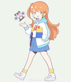 1girl amamiya_rizumu blue_skirt brown_eyes denim denim_skirt full_body grey_background grin hair_ornament hand_in_pocket hand_up heart heart_hair_ornament hood hood_down hooded_jacket jacket long_hair long_sleeves looking_at_viewer open_mouth orange_hair pretty_rhythm pretty_rhythm_aurora_dream pretty_series shirt shoes side_ponytail simple_background skirt smile sneakers socks solo standing terayamaden white_jacket white_shirt white_shoes yellow_socks