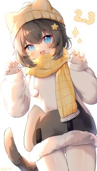 Rule 34 | 1girl, :3, absurdres, animal ear headwear, animal hat, beanie, black hair, black jacket, blue eyes, cat hat, cat tail, chinese commentary, claw pose, commentary, cowboy shot, dot nose, fake animal ears, fang, hair ornament, hat, highres, jacket, light blush, long sleeves, looking at viewer, multicolored jacket, open mouth, original, pantyhose, pom pom (clothes), scarf, short hair, sidelocks, simple background, skin fang, sleeves past wrists, smile, solo, sparkle, star (symbol), star hair ornament, tail, tian yang, two-tone jacket, white background, white jacket, white pantyhose, yellow scarf