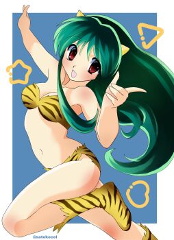 1girl :d absurdres animal_print bikini blush boots breasts cleavage cone_horns green_hair highres horns knee_blush long_hair looking_at_viewer lum medium_breasts navel oni open_mouth pointing print_bikini red_eyes satokocel simple_background smile solo standing standing_on_one_leg strapless strapless_bikini swimsuit tiger_print twitter_username urusei_yatsura
