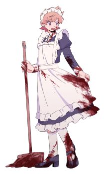 Rule 34 | 1boy, alternate costume, animification, apron, black dress, black shoes, blood, blood on clothes, commentary request, crossdressing, crossdressing (mtf), dress, eddsworld, enmaided, highres, holding, holding mop, juliet sleeves, long sleeves, maid, maid headdress, male focus, male maid, matt (eddsworld), mjsc 10, mop, open mouth, orange hair, puffy sleeves, purple eyes, shoes, short hair, shovel, socks, solo, white apron, white socks