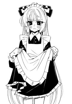 1girl alternate_costume apron blush bow closed_mouth commentary dress enmaided fujiwara_no_mokou hair_bow highres long_hair looking_at_viewer maid maid_apron maid_headdress skirt_hold solo tamiko_(tamik0224) touhou very_long_hair