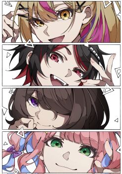 2sami_06 4girls black_hair blonde_hair bow brown_hair close-up fang green_eyes hair_bow hair_ornament hair_over_one_eye hairclip highres kazamatsuri_asahi komurasaki_momoka laugh_diamond looking_at_viewer multicolored_hair multiple_girls open_mouth pink_hair purple_bow purple_eyes purple_hair red_eyes red_hair shine_post smile split_screen takamura_hibiki teeth triangle upper_teeth_only yamada_kanon yellow_eyes