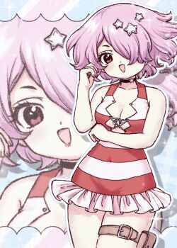 1girl 4611_chan absurdres black_choker blush breasts casual_one-piece_swimsuit choker cleavage commentary_request covered_navel dr._stone dress hair_ornament hair_over_one_eye highres looking_at_viewer luna_wright medium_breasts one-piece_swimsuit open_mouth pink_hair red_eyes short_hair smile solo star_(symbol) star_choker star_hair_ornament striped_clothes striped_dress swimsuit thigh_strap zoom_layer