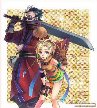 1boy 1girl 2004 archived_source armband armor artist_name asymmetrical_gloves auron bare_shoulders beads belt black_gloves black_hair black_shirt blonde_hair blue_feathers border braid breasts brown_belt brown_gloves brown_shirt buckle collared_shirt commentary_request corked_bottle covered_mouth curtained_hair cutoffs dated denim denim_shorts english_text feather_hair_ornament feathers final_fantasy final_fantasy_x gloves goggles goggles_around_neck green_armband green_eyes green_shorts h2so4 hair_ornament hairclip half_updo hand_on_own_thigh haori holding holding_behind_back holding_sword holding_sword_behind_back holding_weapon holding_weapon_behind_back huge_weapon japanese_clothes jug_(bottle) katana korean_commentary legs_apart lips long_hair long_sleeves looking_at_viewer loose_belt low-braided_long_hair low-tied_long_hair low_twin_braids medium_breasts mismatched_gloves multicolored_hair open_hand open_mouth orange_belt orange_feathers over_shoulder pauldrons ponytail projected_inset red_haori red_sleeves rikku_(ff10) shirt shoes short_ponytail shorts shoulder_armor sideburns single_arm_guard single_pauldron single_shoe sleeveless sleeveless_shirt square square_enix standing streaked_hair sunglasses sword sword_over_shoulder thigh_strap tinted_eyewear turtleneck twin_braids uneven_gloves watermark weapon weapon_over_shoulder web_address white_border white_hair